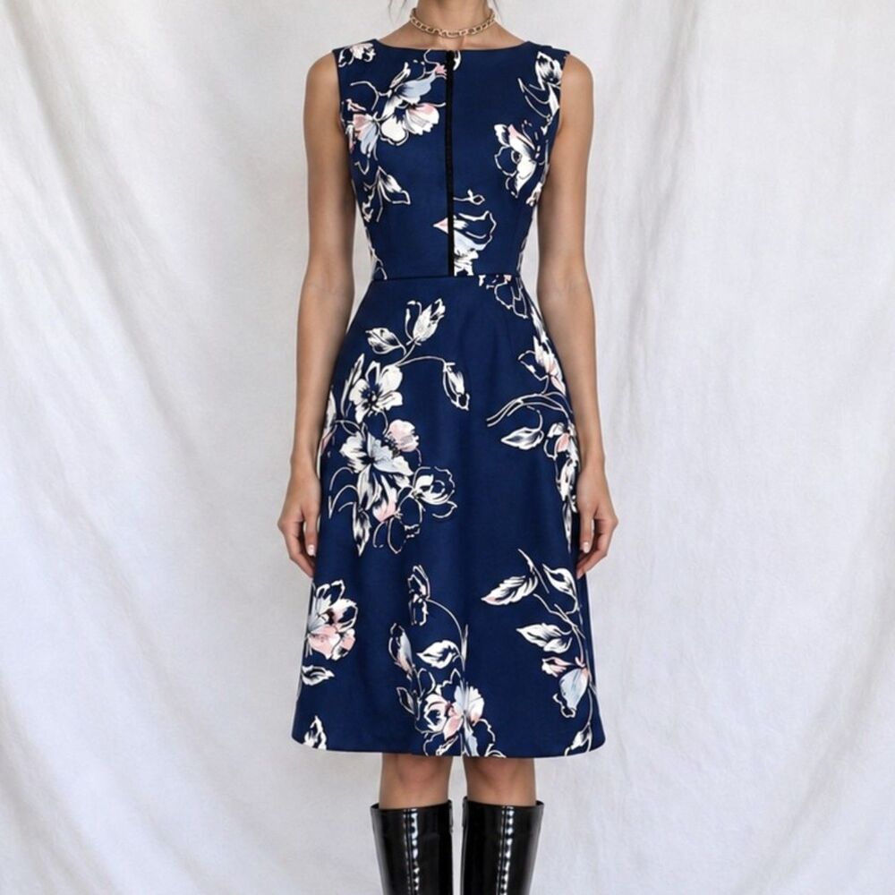 Vintage Y2K Blue Sleeveless Floral Knee Length Flared A-Line Knit Dress Size M